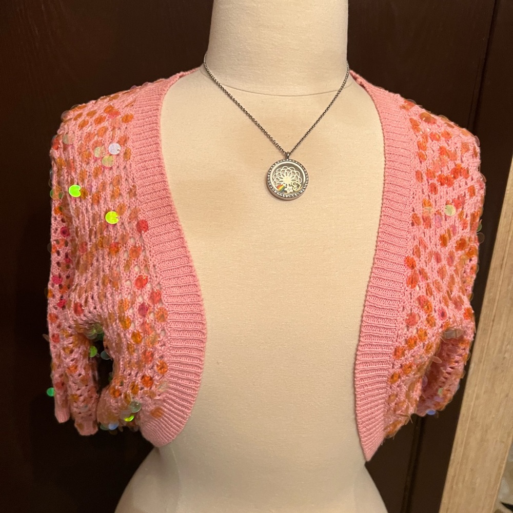 Pink Sequin Cropped Knit Bolero Shrug